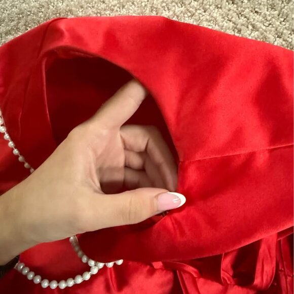 Red Satin Holiday Mini Dress with Pearl Trim and Bow Medium - Picture 7 of 9